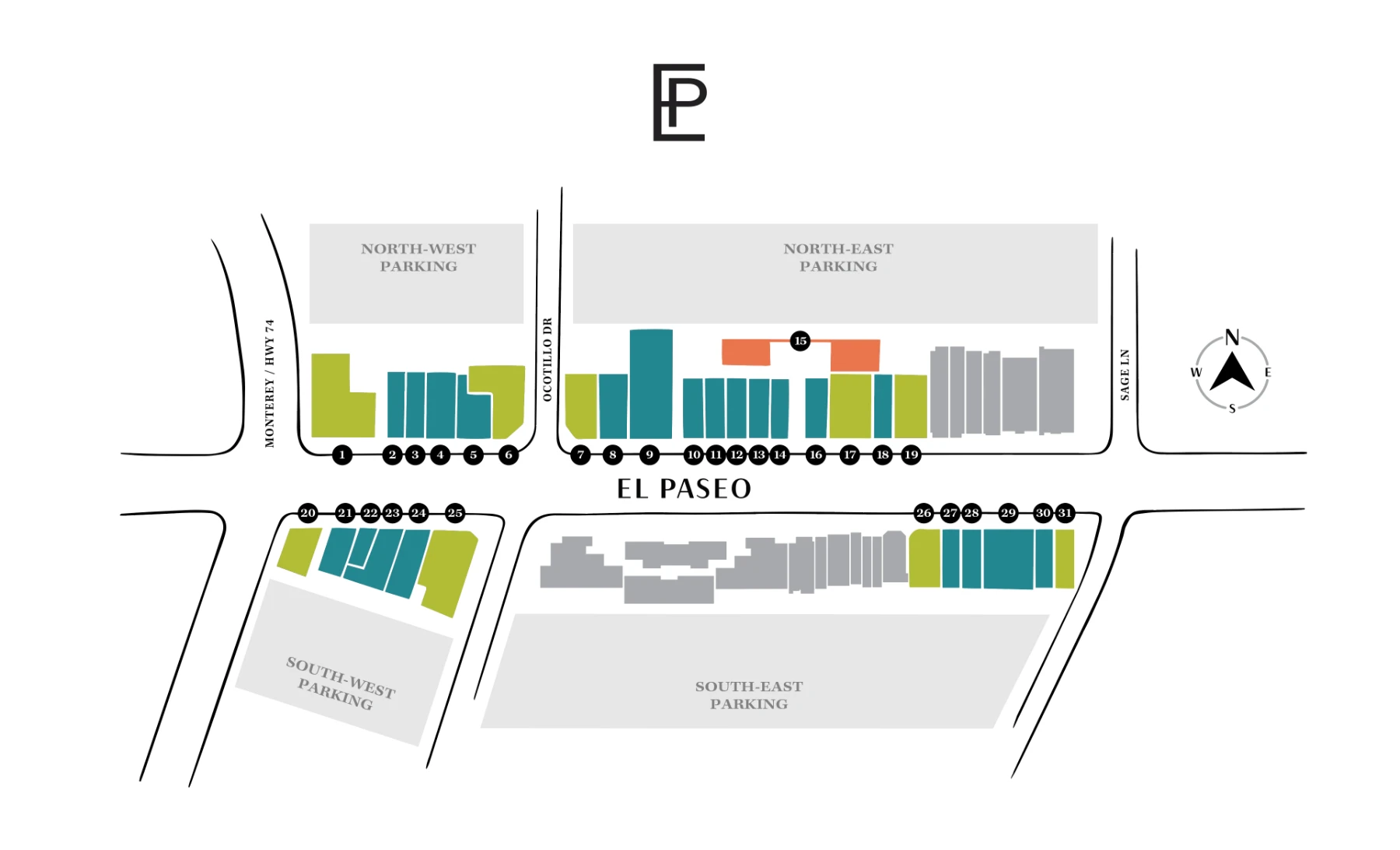 Street map of The Shops on El Paseo: two blocks of numbered shops and restaurants along El Paseo between Monterey and Sage Lane, with four parking lots